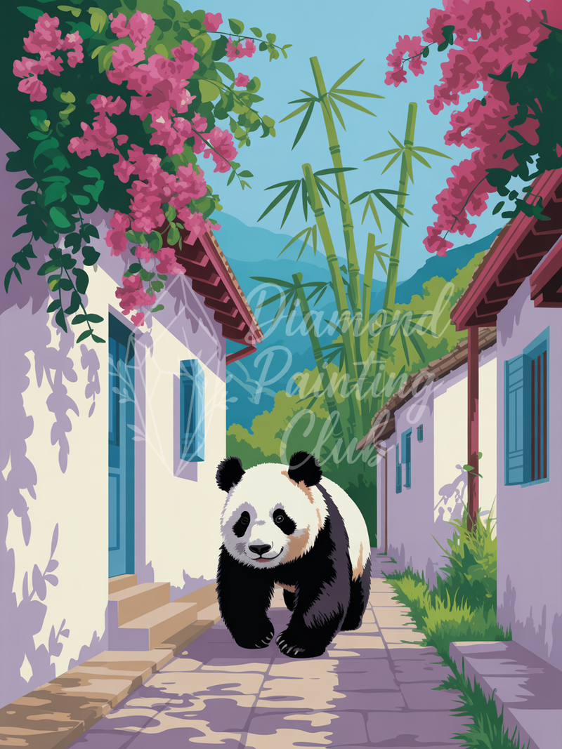Broderie Diamant Panda dans une Ruelle Fleurie
