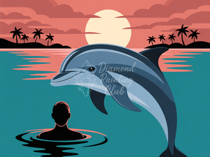 Broderie Diamant Dauphins au Coucher de Soleil