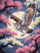 Broderie Diamant Chouette et Fleurs de Cerisier