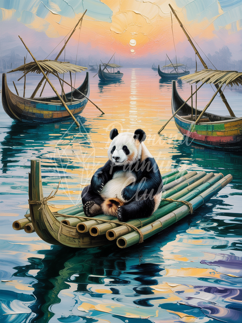 Broderie Diamant Panda sur Radeau au Crépuscule
