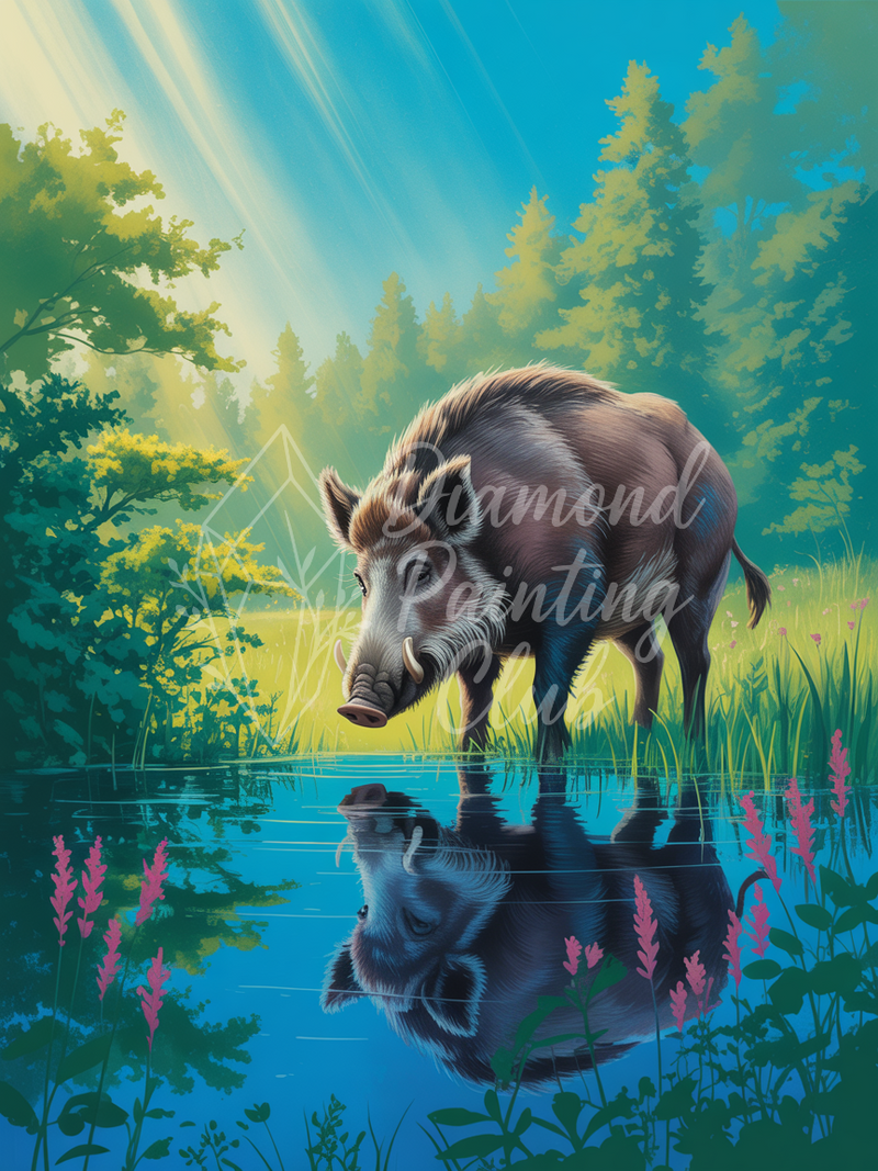 Broderie Diamant Sanglier Lac