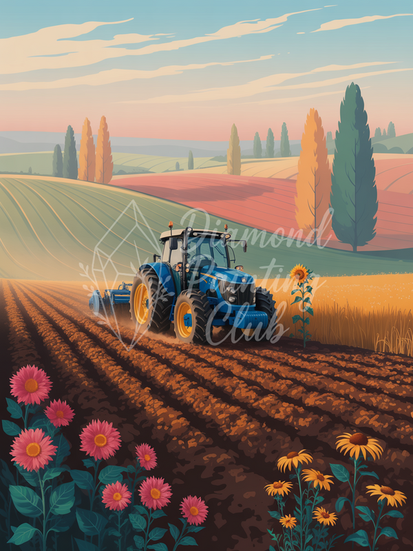 Broderie Diamant Tracteur Bleu