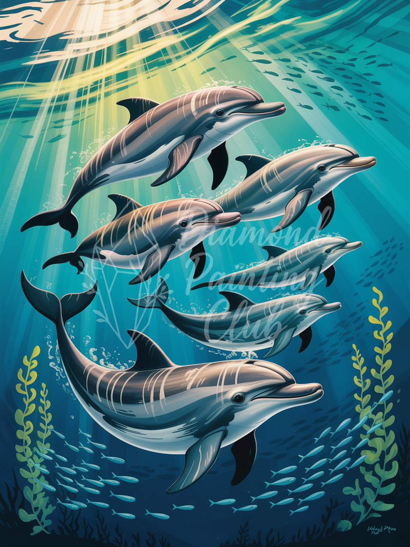 Broderie Diamant Famille de Dauphins