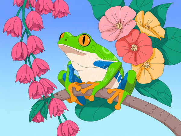 Broderie Diamant Grenouille Fleurie en Branche