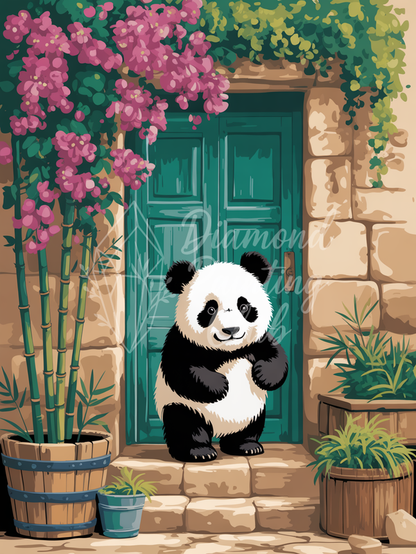 Broderie Diamant Panda Devant la Porte