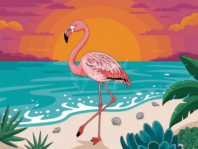Broderie Diamant Flamant Rose sur Plage