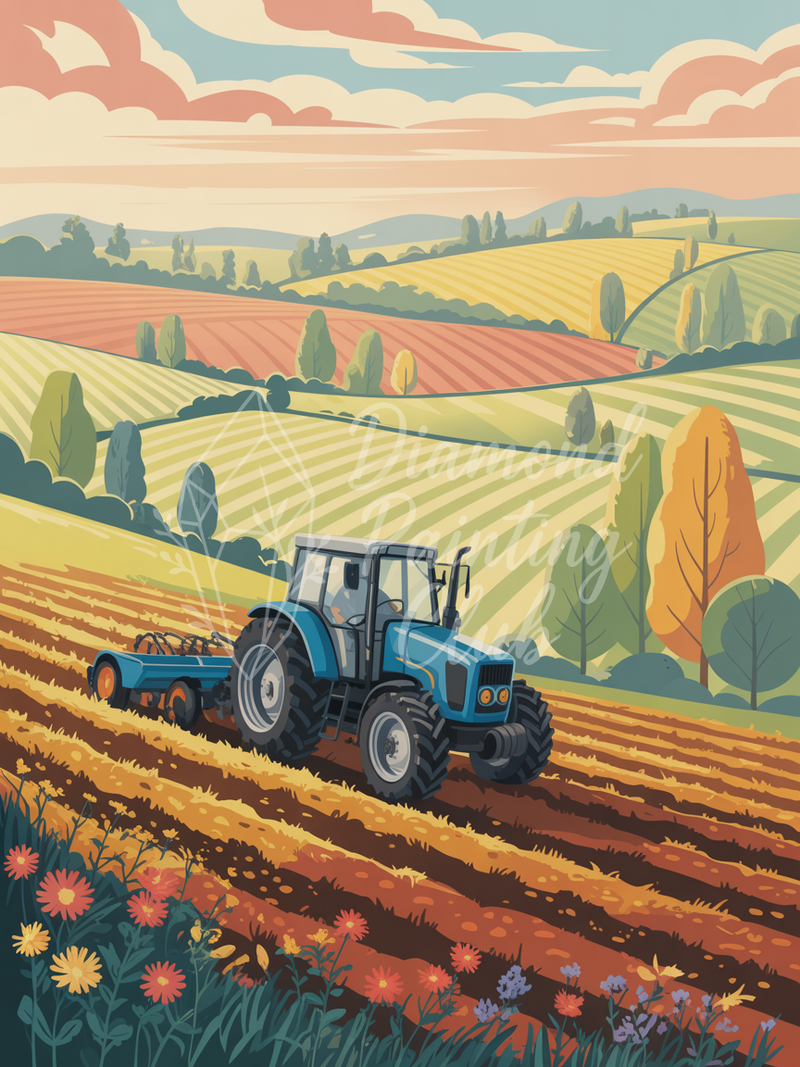 Broderie Diamant Tracteur dans les Champs