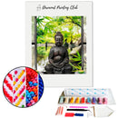 Broderie diamant Bouddha fenêtre sur jardin zen | Diamond-painting-club.com