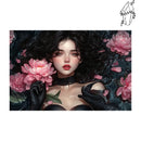 Broderie diamant Femme brunes aux pivoïnes | Diamond-painting-club.com