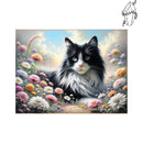 Broderie diamant Chat noir et blanc dans les fleurs | Diamond-painting-club.com