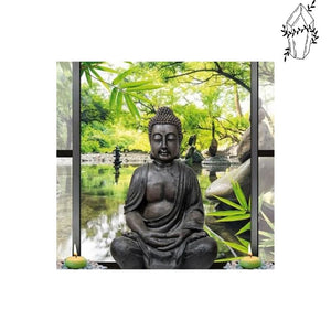 Broderie diamant Bouddha fenêtre sur jardin zen | Diamond-painting-club.com