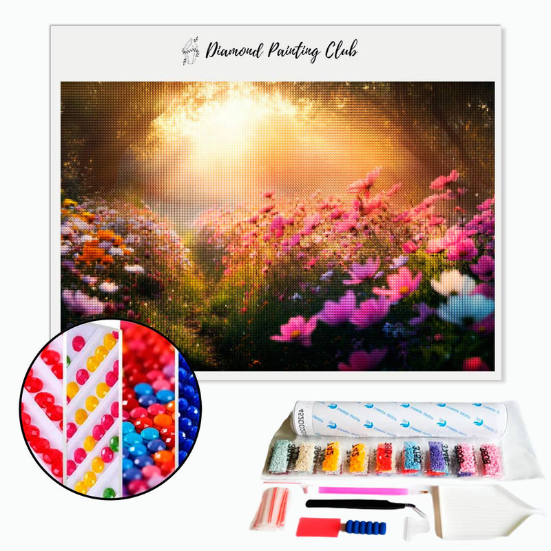 Broderie diamant Prairie de fleurs au levée du soleil | Diamond-painting-club.com