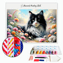 Broderie diamant Chat noir et blanc dans les fleurs | Diamond-painting-club.com