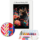 Broderie diamant Félin et fleurs au clair de lune | Diamond-painting-club.com