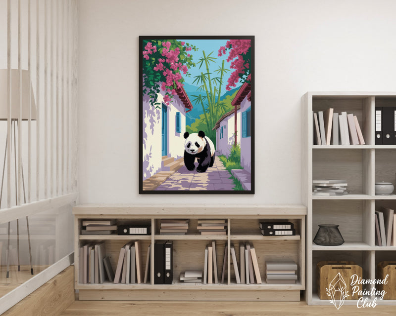 Broderie Diamant Panda dans une Ruelle Fleurie