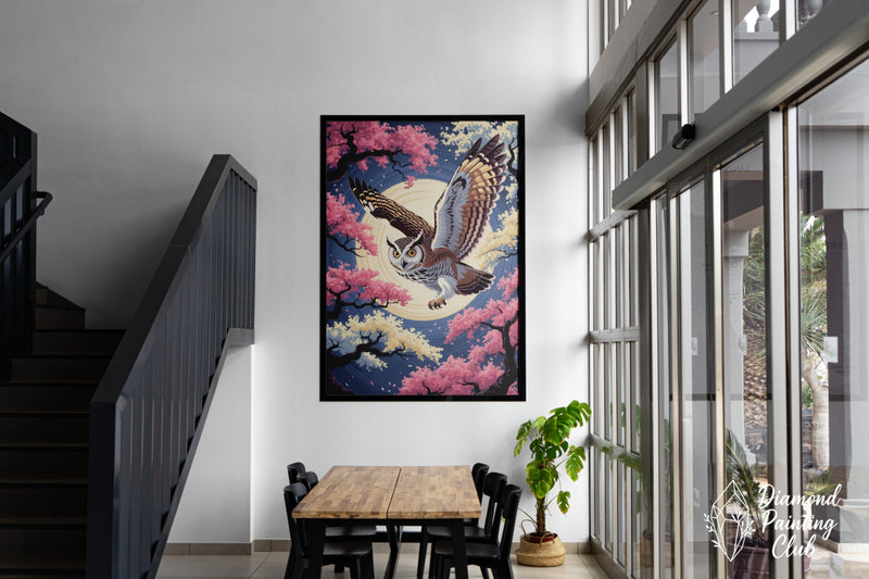 Broderie Diamant Chouette et Fleurs de Cerisier