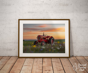 Broderie Diamant Tracteur au Crépuscule