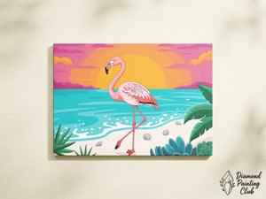 Broderie Diamant Flamant Rose sur Plage