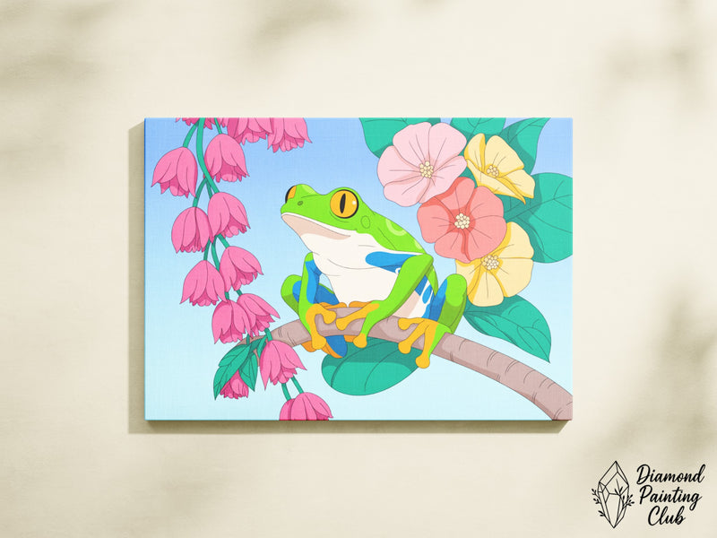 Broderie Diamant Grenouille Fleurie en Branche