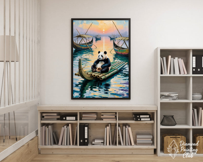 Broderie Diamant Panda sur Radeau au Crépuscule