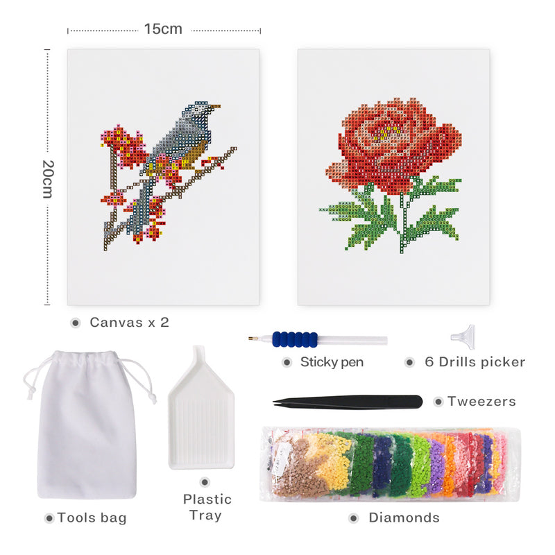 Mini Diamond Painting - Oiseau & Fleur Rouge (2 pièces)
