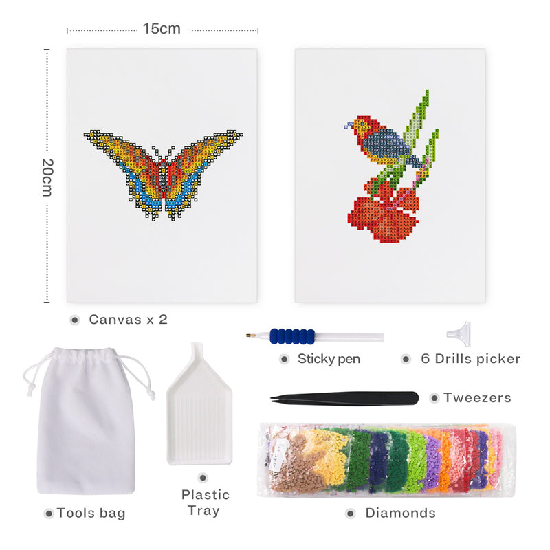 Mini Diamond Painting - Papillon & Oiseau Fleur (2 pièces)