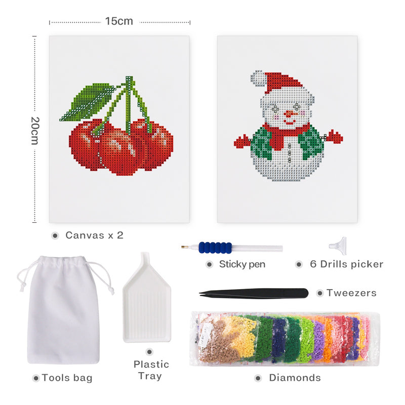Mini Diamond Painting - Cerises & Bonhomme de Neige (2 pièces)