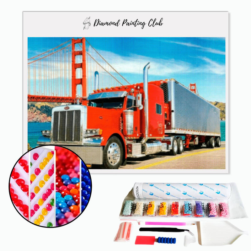 Broderie diamant Camion rouge & Pont Golden-gate | 💎 Diamond Painting Club