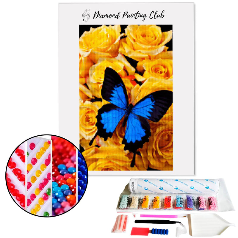 Broderie diamant Papillon Bleu & Fleurs Jaunes | 💎 Diamond Painting Club